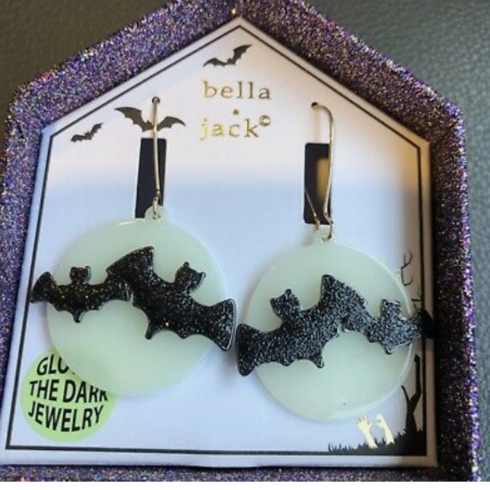 Bella and Jack Halloween Glow in the Dark Full Moon Bat Earrings